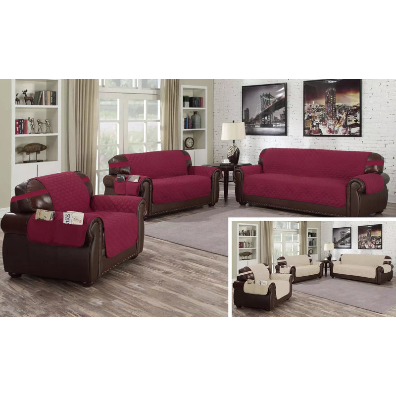 Housse pour canapé à coussins carrés/rectangulaires réversible, Grenat / naturel, H 70,5 po x l 110 po x P 23 po