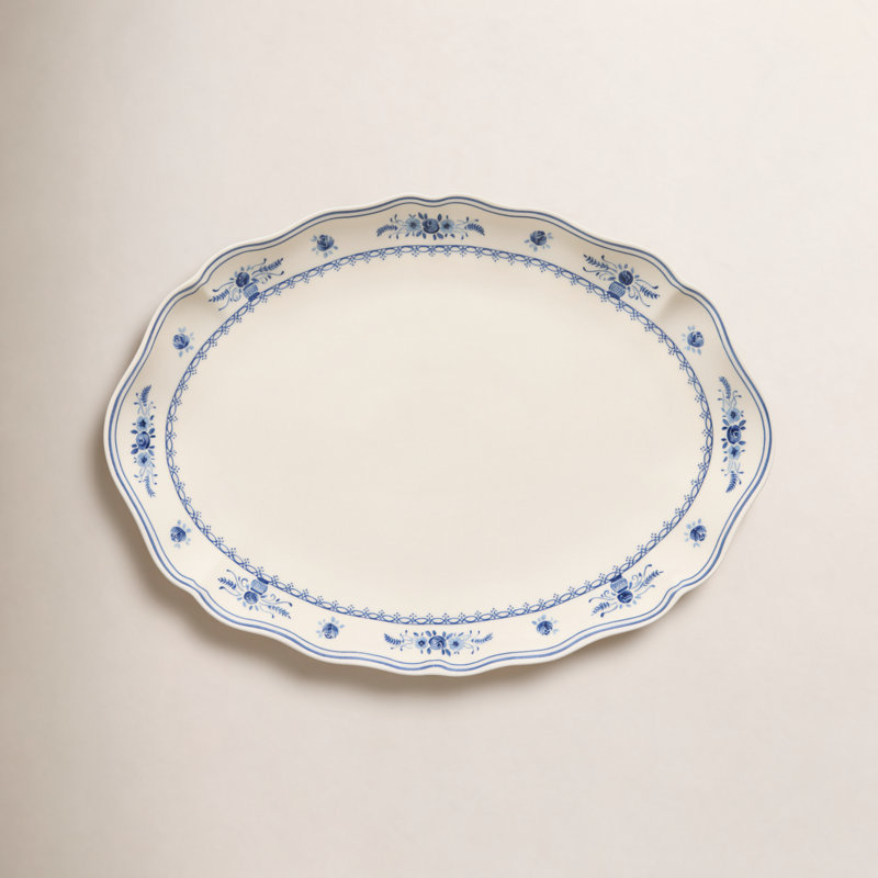 Vila Oval Platter, 1.5" H x 16” W x 11.13” D, Bege/Azul