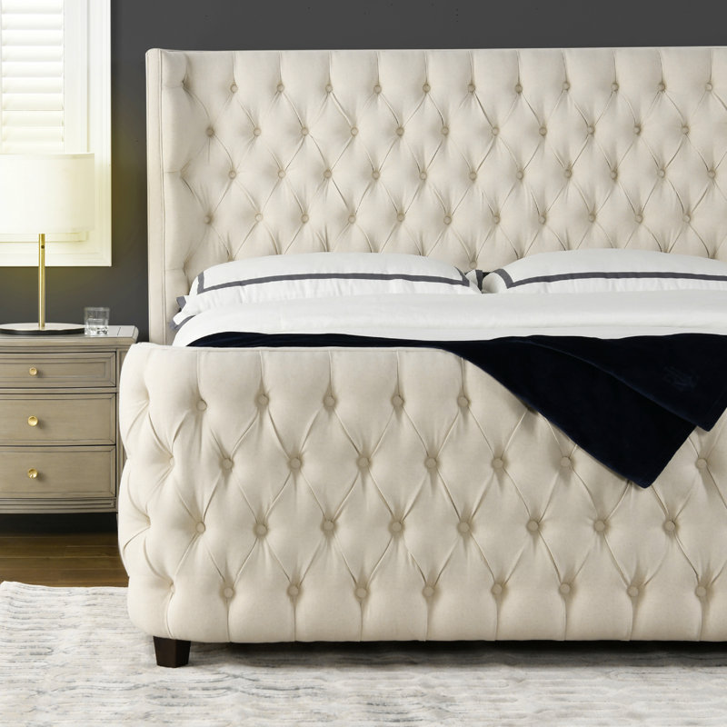 Currier Upholstered Wingback Bed, King, Light Beige Linen