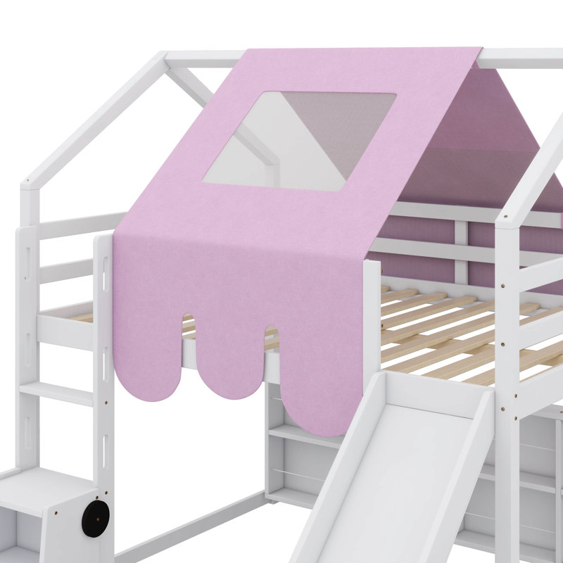 Cadre de lit mezzanine en bois avec tente, Lit simple, Blanc / Rose