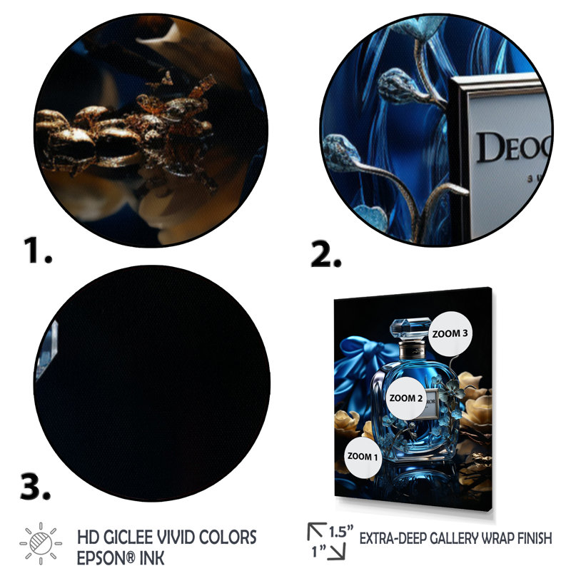 Lenni Fashion Blue Perfume Delight II, reproduction d'art sur toile, H 32 po x l 16 po x P 1 po, Cadre photo noir