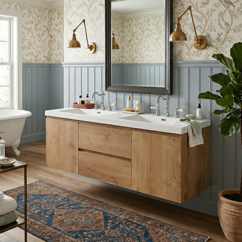 Meuble-lavabo double flottant 59,3 po avec plateau SMC, armoire murale moderne avec 2 tiroirs et portes à fermeture douce, bois naturel