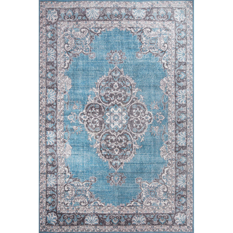 Tapis décoratif bleu à motif tissé rétro, Rond 6 pi 11 po