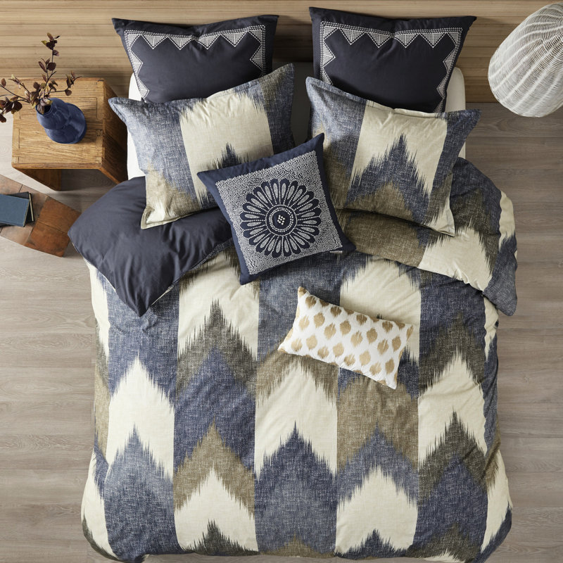 Sophisticated Full/queen Duvet Cover - Printed Cotton With Pattern And 2 Matching Shams Button Closure Solid Reverse Chic Bedding Print Coordinating Corner Ties