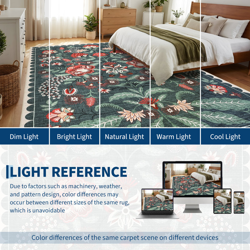 Tapis vintage lavable floral pour chambre à coucher et salon, 10 x 13 pi (bleu-vert)
