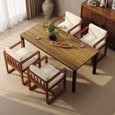 5-Piece Acacia Wood Patio Dining Set, 4 Chairs & 70" Table, Teak Finish with Beige Cushions, Indoor/Outdoor Entertaining