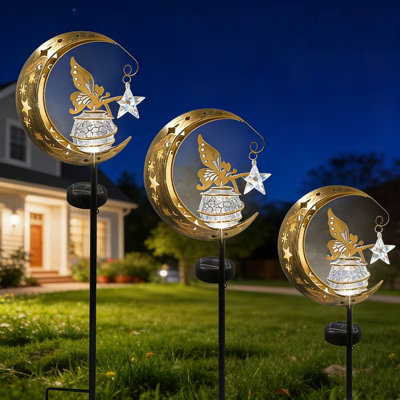 3pcs Moon Fairy Angel Solar Lights Decor, Warm Light Metal Outdoor Garden Light (With Glass Lampshade), Landscape Lights for Yard(Star)