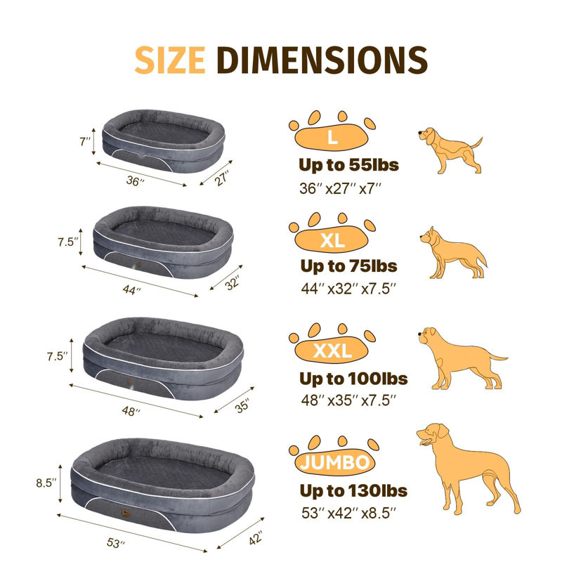 Large Gray Orthopedic Waterproof Dog Bed with Bolsters