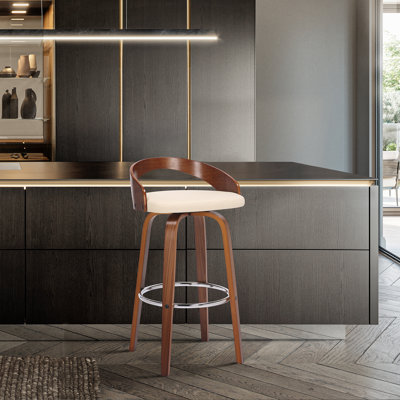 Maxime Swivel Counter or Bar Height Bar Stool with Open Low Back in Faux Leather and Wood