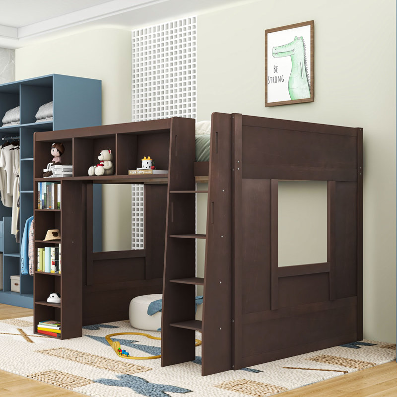 Queen Wooden Loft Bed With Storage Shelves, Ladder And Guardrails, Brown