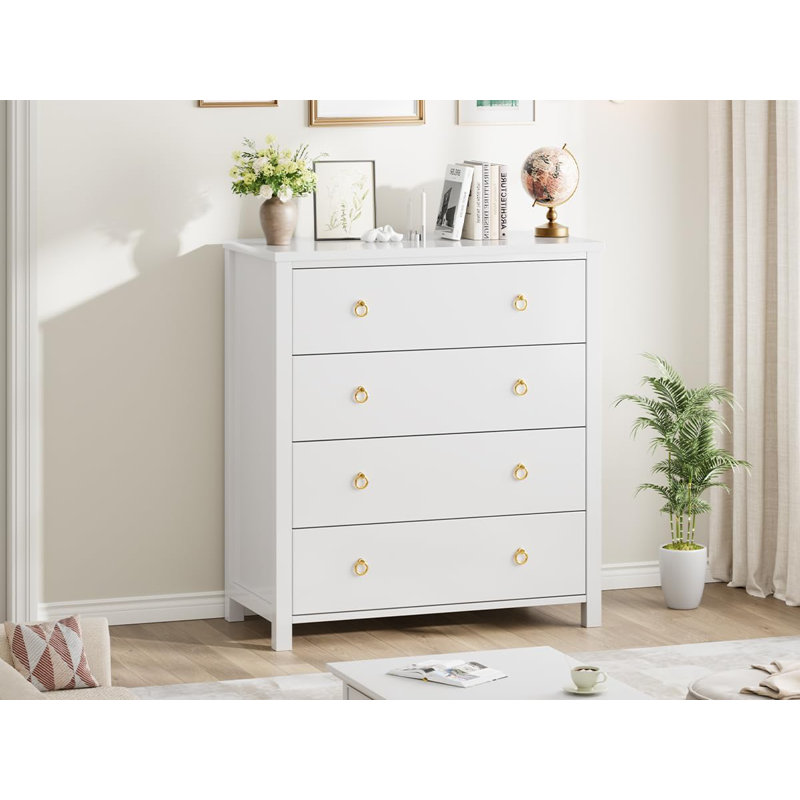 Commode à 4 tiroirs, commode haute moderne pour l'organisation de la chambre et du placard, armoire étroite pour le couloir ou le salon, blanc