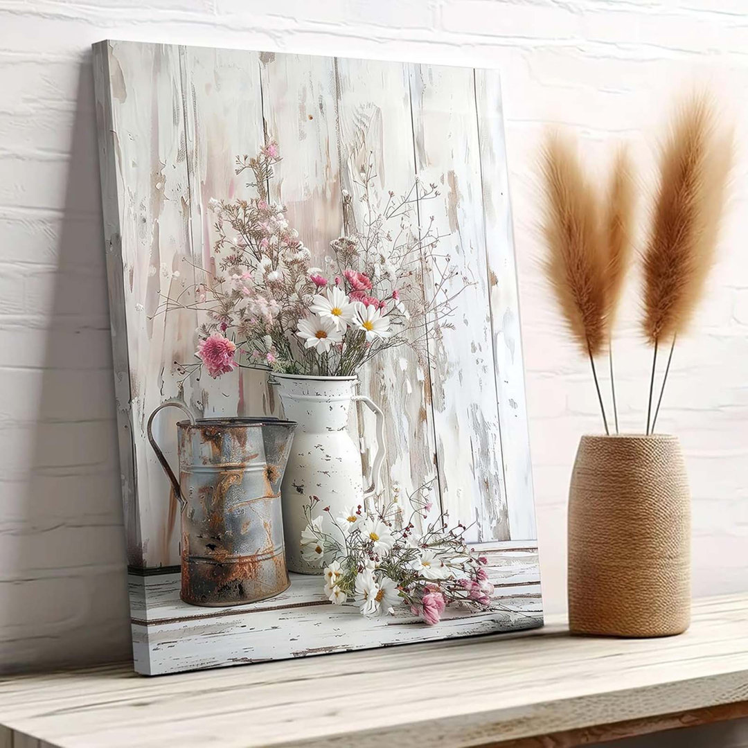 Rustic Farmhouse Floral Canvas Wall Art Elegant White Pink Flower Daisy Poster Prints Vintage Country Floral Picture Wood Grain Painting Pastoral Wall