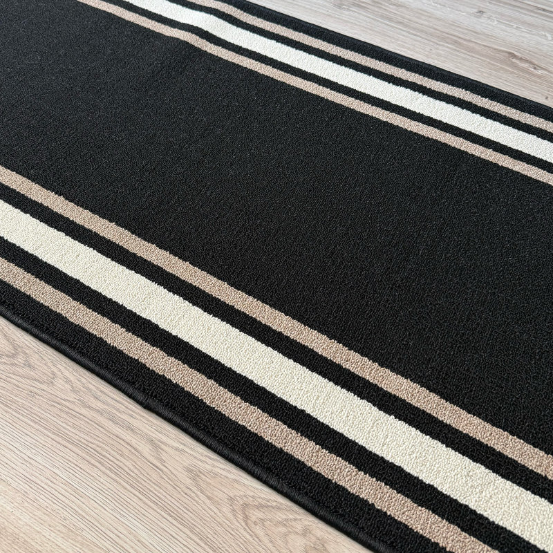 Solid Border Black Low Pile Slip Resistant Rugs, Runner 3' x 24'