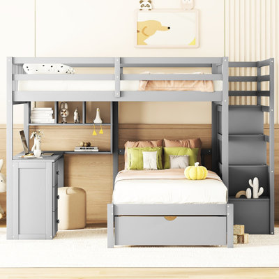 Spacious Full Over Twin Bunk Bed In Gray With Desk And Thoughtful Storage Spaces Desk, Drawers & Shelves - Suitable For Sleepovers