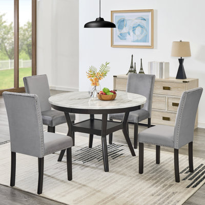 5-Piece Mella Dining Set - Round Faux Marble Table With 4 Velvet Parsons Chairs, Dark Espresso Finish -  Mercer41, 54789569E16D4E6FB040DC16DD220A83