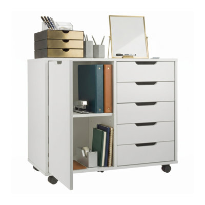  5 Drawer Office Storage Cabinet - Wooden Lateral File Cabinet with 5 Drawers, Door, and Adjustable Shelves - Rolling Printer Stand for Home Office Organization and Storage (White)