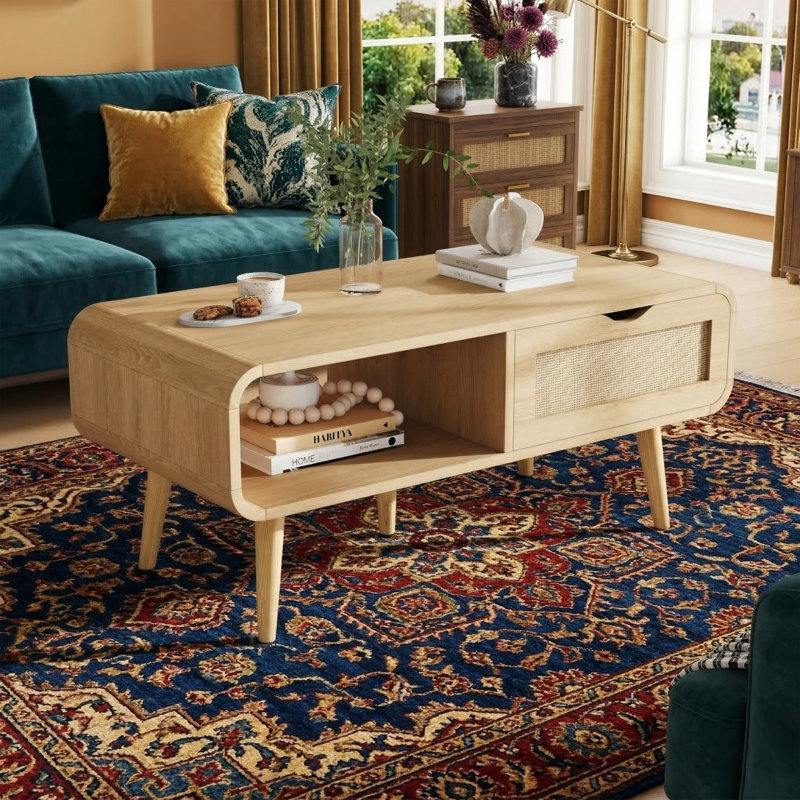 Table basse de 40,4 po en chêne naturel avec tiroir en rotin - Table centrale avec rangement ouvert et pieds en bois massif