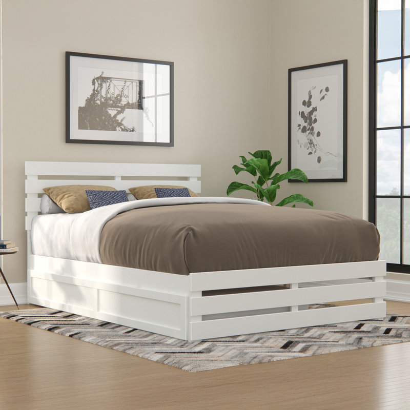 Jaqson Premium Wood Farmhouse Platform Bed with Matching Footboard & Roll Out Trundle, White, Queen