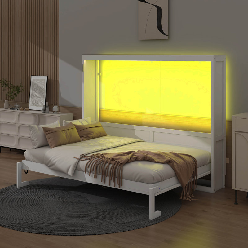 Lit escamotable horizontal avec lumière DEL, peut être plié dans une armoire, lit escamotable mural escamotable, Blanc / Brun