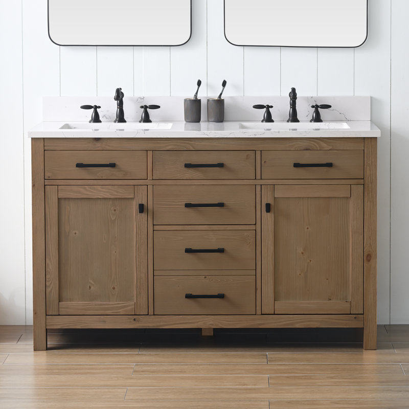 Ajiya 54" Double Bathroom Vanity Set, Textured Natural/Matte Black, Carrara White