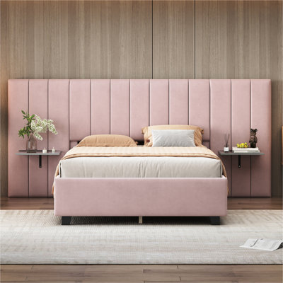Lit plateforme tapissier avec grande tête de lit, mobilier de chambre à coucher, velours