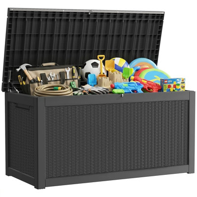 330 Gallon Durable resin outdoor storage deck box with waterproof uv-resistant design, ideal for patio cushions, pool toys and garden tools, Black