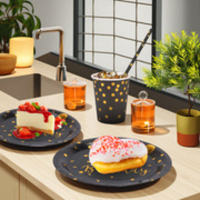 Black And Gold Happy Birthday Disposable Tableware Set  All - In - One Kit With Plates, Cups, Cutlery & Napkins For Party