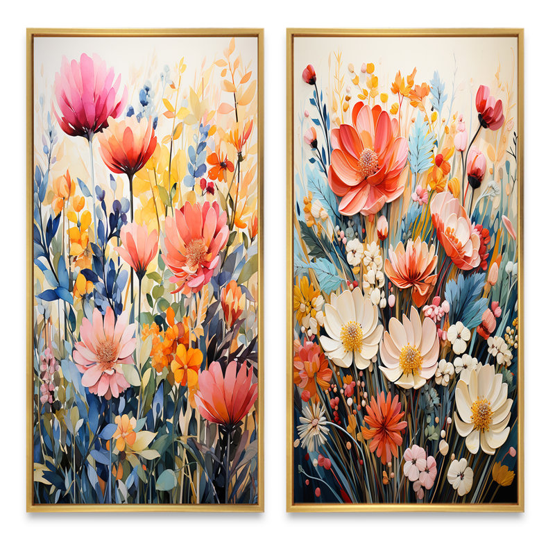 «Multicolored Flowers Collage», 2 pièces, H 32 po x l 32 po, Encadrement doré