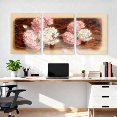 Rose et blanc, hortensia sur toile de bois rustique, impression sur toile, ensemble floral (ensemble de 3)