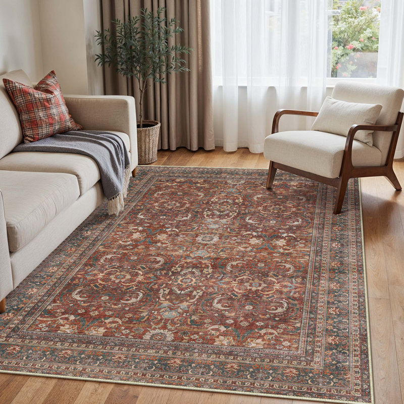 Machine Washable Vintage Floral Area Rug With Non-Slip Rubber Backing, Rectangle 3' x 5'