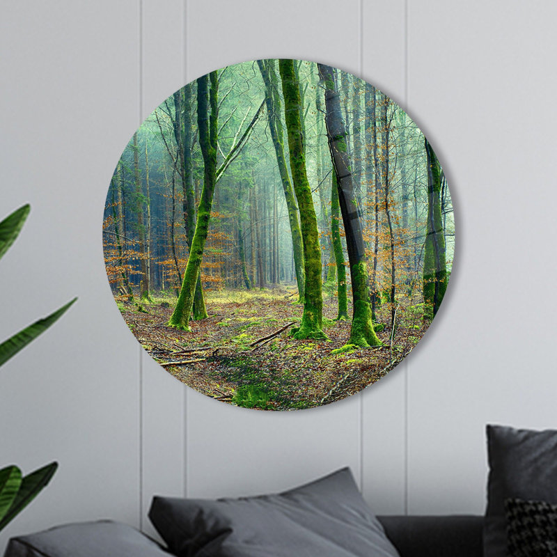 Art mural vert en verre trempé avec des images de forêt et d'arbres pour la décoration intérieure, H 11,8 po x l 11,8 po