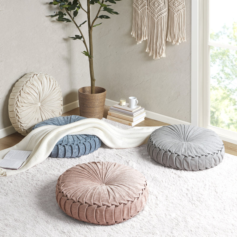 Gray Poly Chenille Round Floor Pillow with Tufted Button