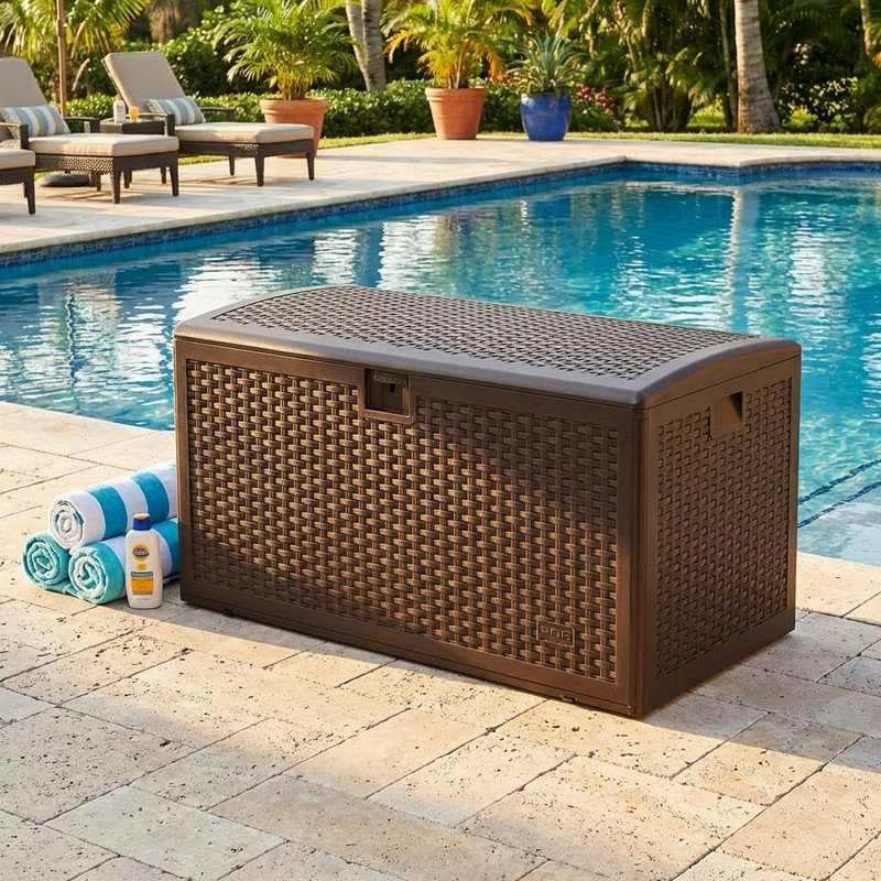 99 Gallon Waterproof Resin Deck Box, Lockable Outdoor Storage Container for Patio & Pool, Brown