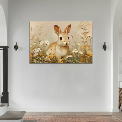  Lapin de printemps, décoration murale - toile de lapin de Pâques sur toile avec fond floral