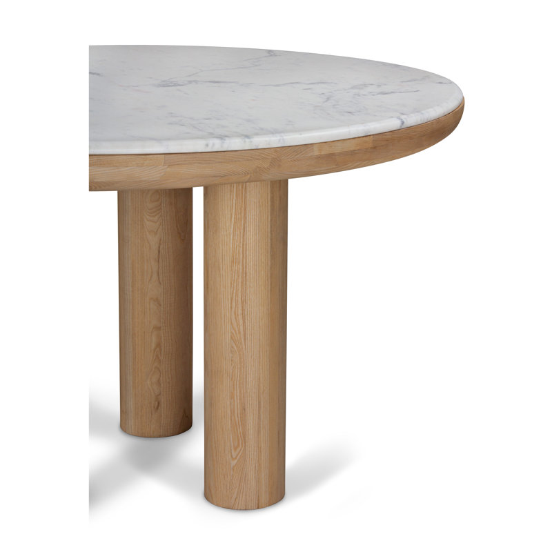 Round White Marble Top Dining Table with Solid Wood Base