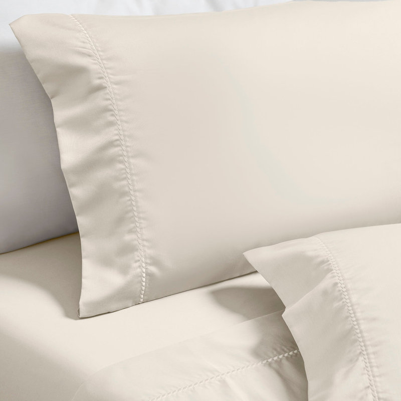 Imperia Cotton Blend 600 Thread Count Dash Stitch Embroidered Hem Deep Pocket Sheet Set, Ivory
