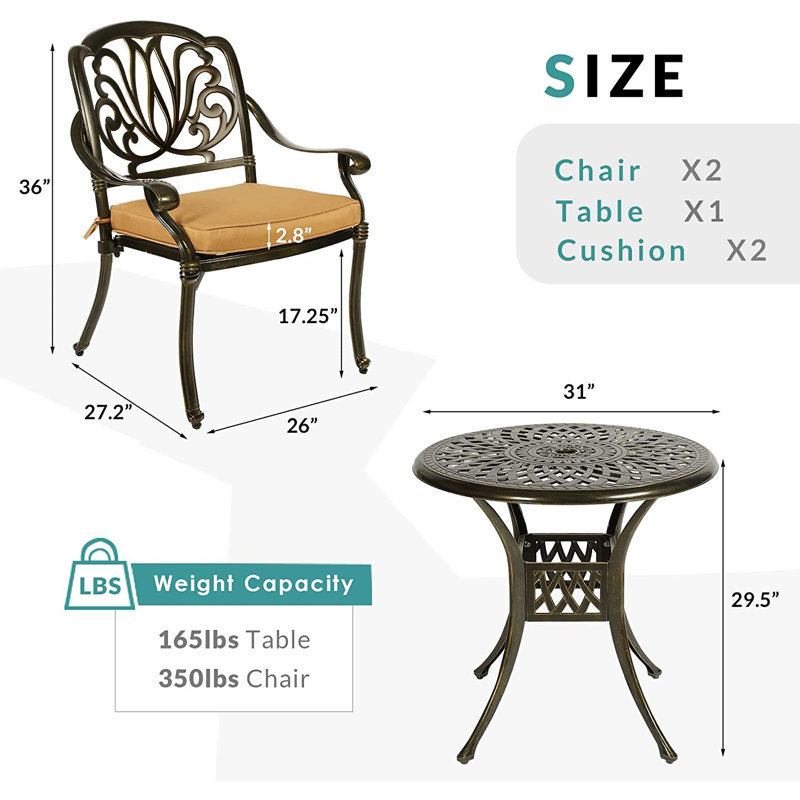 2 - Person Patio Dining Set with Round Table , Cushions Included, Khaki