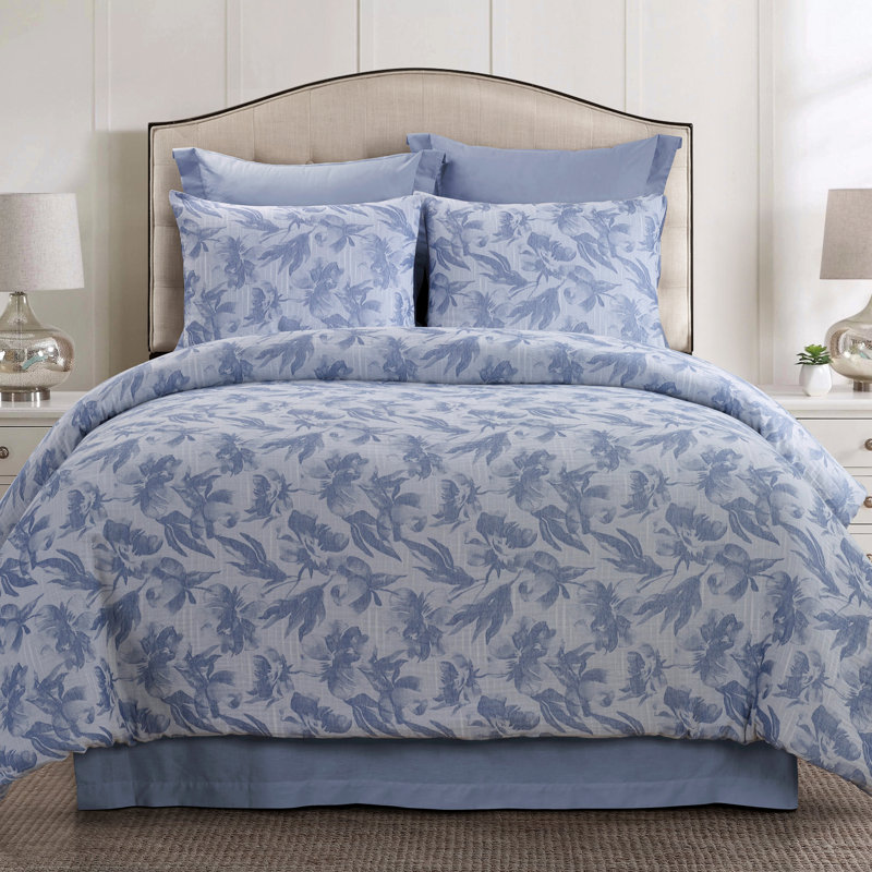 Ensemble d'édredon en coton 3 pièces Almaria, Bleu, Édredon grand + 2 taies décoratives