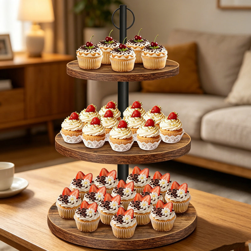 Tour à petits gâteaux en bois Tier - Assemblage facile en 15 minutes, surface lisse résistante aux taches, nettoyage facile, pour les réunions de famille, table à dessert de mariage