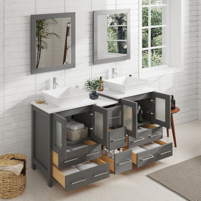  Ensemble de meuble-lavabo double 60 "avec miroir 60", Gris