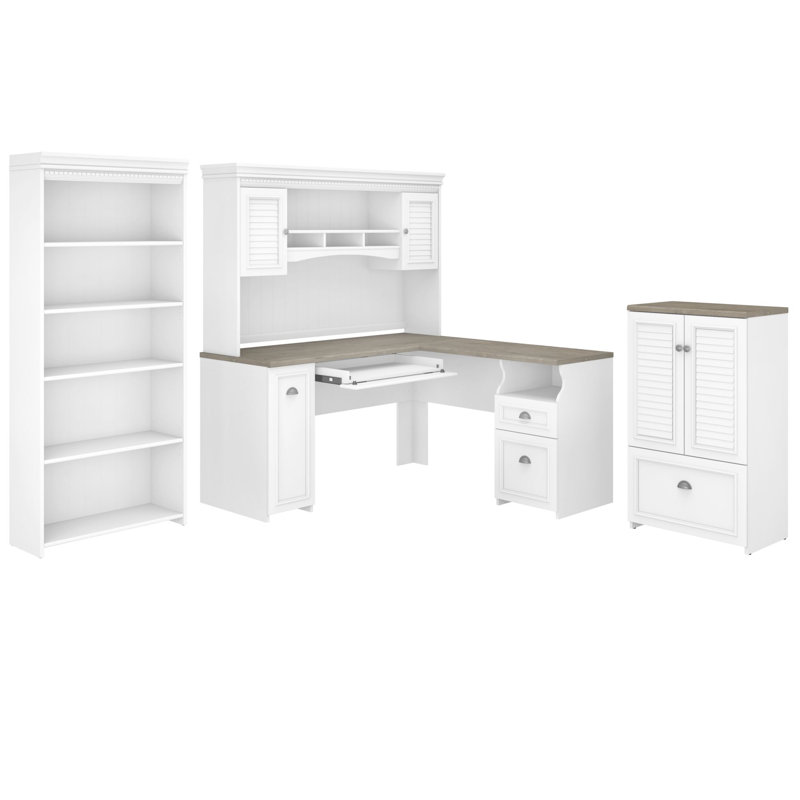 Ensemble de bureau d'ordinateur en L 4 pièces avec huche Huckins, Gris Shiplap / blanc pur