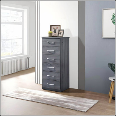 Commode à lingerie spacieuse à six tiroirs avec glissières à roulettes, durable et élégante pour les chambres à coucher modernes, finition grise.