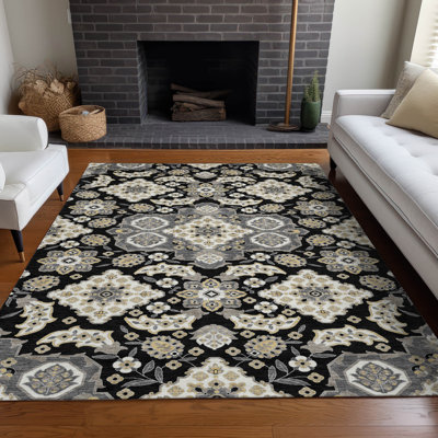 Machine Washable Indoor/Outdoor Xhevrie Black Rug
