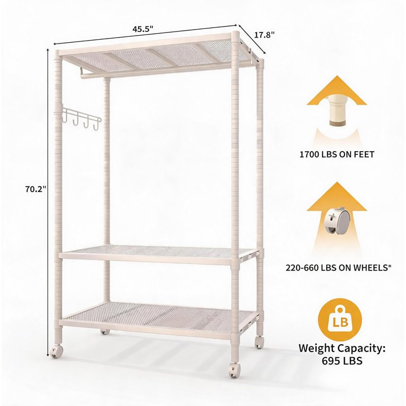 Portant à vêtements roulant, support à vêtements réglable à 3 niveaux avec tringle et crochets latéraux, support à vêtements autoportant avec roues, support à vêtements portatif pour chambre à coucher, salle de lavage et garde-robe, blanc