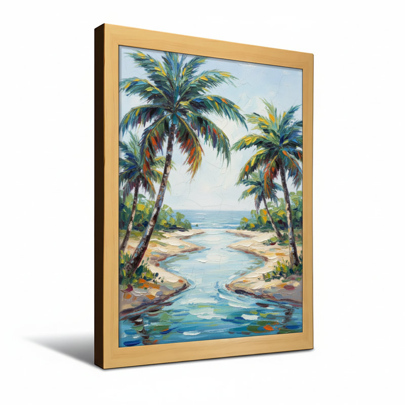 Plantes et fleurs, palmiers tropicaux, voie d'eau, scène de plage, H 30 po x l 20 po, Toile tendue, Ne s’applique pas