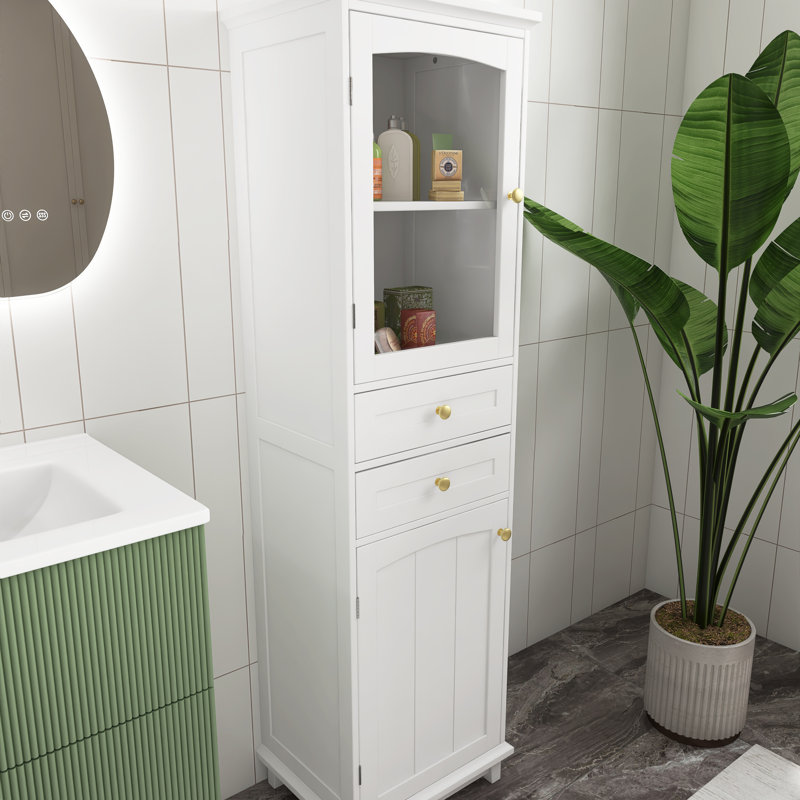 63"Tall Free-Standing  With Glass Doors,  Two Drawers And Adjustable Shelves Bathroom Storage Cabinet In White
