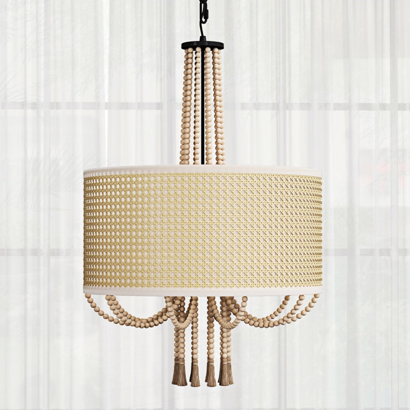 5-Light 19"W Boho Style Natural Brown Color of Bamboo Weaving Drum Chandelier For Living Room/Bedroom