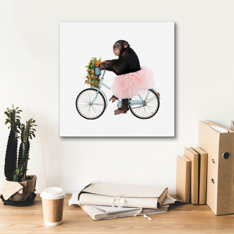  «Monkey Riding Bike» par John Hovenstine, art mural sur toile, 18 po x 18 po