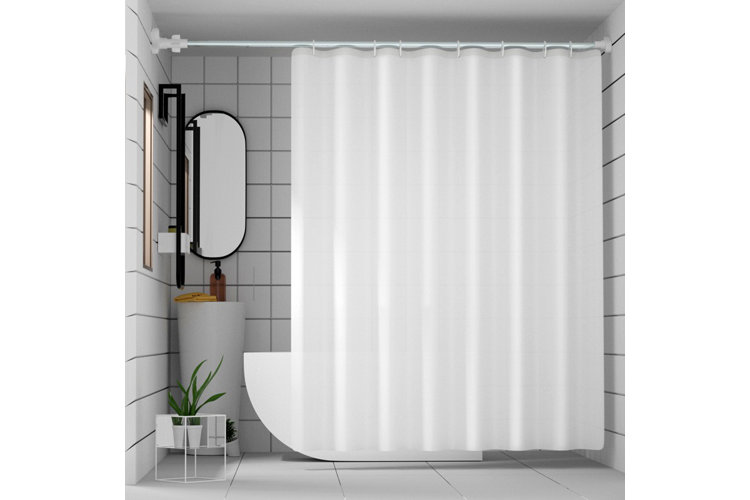 A shower room with white tiles and an opaque shower curtain liner covering a white bathtub.