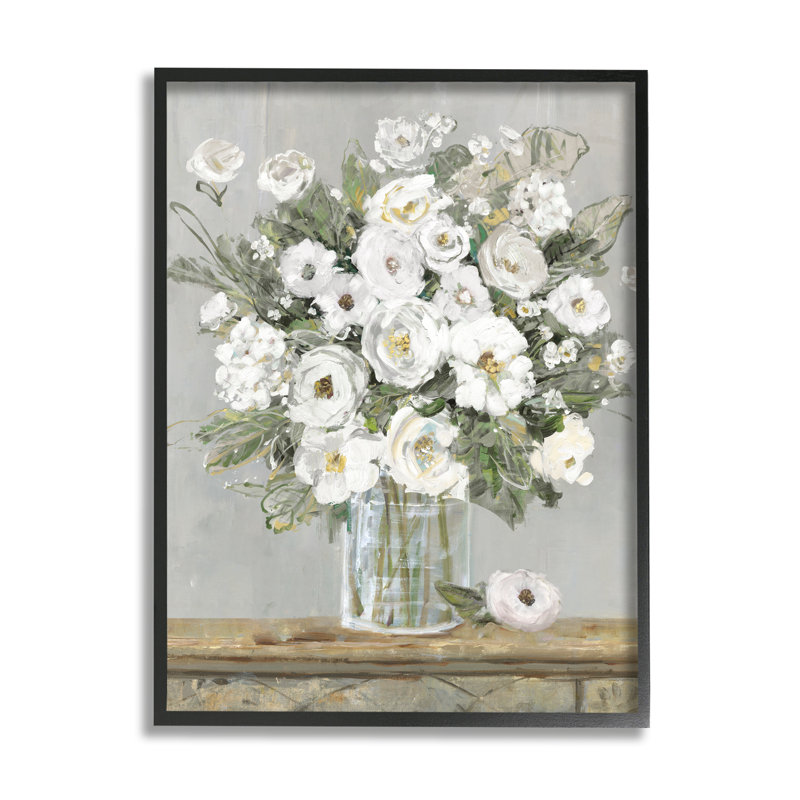 «White Bouquet», peinture encadrée sur bois par Sally Swatland, H 14 po x l 11 po x P 1,5 po, Giclée encadrée noir minuit